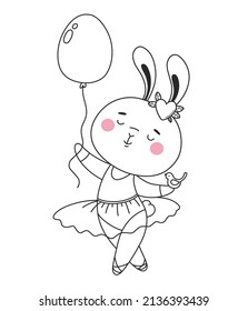 Vector line drawing of a cute bunny ballerina with a bird and a balloon egg. Cute happy Easter illustration, coloring page.