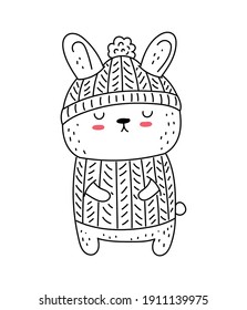 Vector line drawing cute rabbit with hat and sweater. Doodle illustration. Easter, baby shower, birthday, children's party, greeting cards, nursery decoration