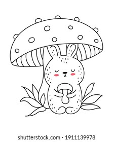 Vector line drawing cute rabbit with mushroom. Doodle illustration. Easter, baby shower, birthday, children's party, greeting cards, nursery decoration