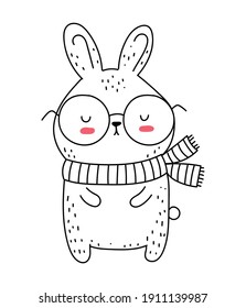 Dibujo de linea de vectores lindo conejo con bufanda y gafas. Ilustración del doodle. Pascua, ducha de bebé, cumpleaños, fiesta infantil, tarjetas de felicitación, decoración de guardería