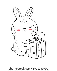 Vector line drawing cute rabbit with present. Doodle illustration. Easter, baby shower, birthday, children's party, greeting cards, nursery decoration