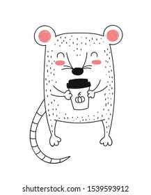 Vector line drawing cute rat. Creative funny mouse for New 2020 Year. Symbol of the Chinese calendar. Doodle illustration. Winter holidays, baby shower, birthday, children's party