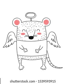 Vector line drawing cute rat. Creative funny mouse for New 2020 Year. Symbol of the Chinese calendar. Doodle illustration. Winter holidays, baby shower, birthday, children's party