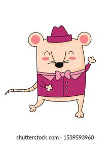 Vector line drawing cute rat. Creative funny mouse for New 2020 Year. Symbol of the Chinese calendar. Doodle illustration. Winter holidays, baby shower, birthday, children's party