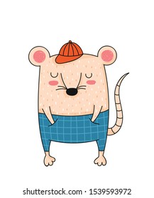 Vector line drawing cute rat. Creative funny mouse for New 2020 Year. Symbol of the Chinese calendar. Doodle illustration. Winter holidays, baby shower, birthday, children's party