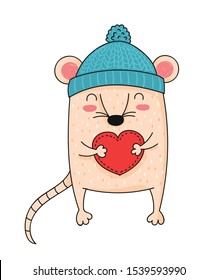Vector line drawing cute rat. Creative funny mouse for New 2020 Year. Symbol of the Chinese calendar. Doodle illustration. Winter holidays, baby shower, birthday, children's party