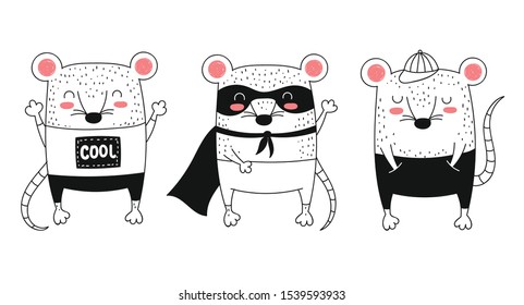 Vector line drawing cute rats. Creative collection of funny mice for New 2020 Year. Symbol of the Chinese calendar. Doodle illustration. Winter holidays, baby shower, birthday, children's party