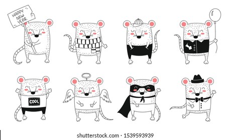 Vector line drawing cute rats. Creative collection of funny mice for New 2020 Year. Symbol of the Chinese calendar. Doodle illustration. Winter holidays, baby shower, birthday, children's party