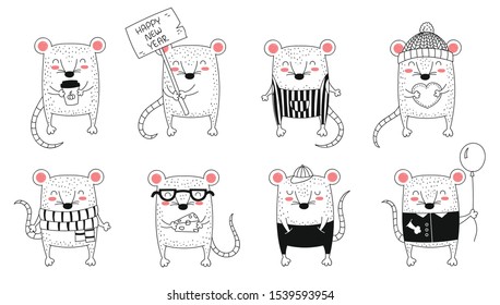 Vector line drawing cute rats. Creative collection of funny mice for New 2020 Year. Symbol of the Chinese calendar. Doodle illustration. Winter holidays, baby shower, birthday, children's party