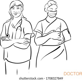 vector line drawing of doctors and nurse