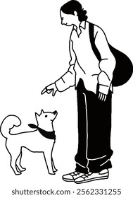 Vector line drawing of a dog and a woman