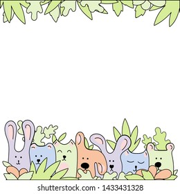 Vector line drawing. Doodle illustration. Animals look out of the leaves. Poster template, greeting card, birthday invitation, children's party , friendship Day .