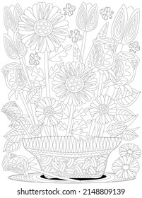Vector line drawing elaborate flower pot sunflowers sitting for. Digital lineart image vase tulips decorating carpet. Outline artwork design flowers foliage plant stand.