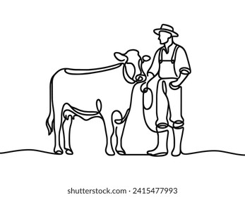 vector line drawing of a farmer with a cow on a white background.