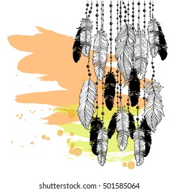 Vector line drawing of feathers hanging down on threads on grungy brushstroke texture background. Print, poster, design element. Bohemian vintage style. Vector illustration.