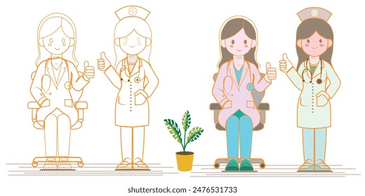 Vector, line drawing, female doctor that I drew and is ready for you to color freely, 4000x2000
