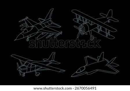 Vector Line Drawing of Fighter Planes - Outline Illustration of Military Jet, Vintage Biplane, Private Aircraft, and Stealth Jet Design in Minimal Style