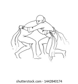 Vector line drawing. The fighters man, the Tatar national struggle. Sabantuy holiday.