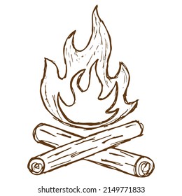 Vector line drawing of a fire with firewood. Rough vintage monochrome brown freehand illustration isolated on transparent background