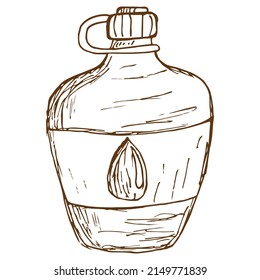 Vektorlinienzeichnung eines Kolben mit Wasser. Rough vintage, einfarbige braune Föhn-Illustration einzeln auf transparentem Hintergrund
