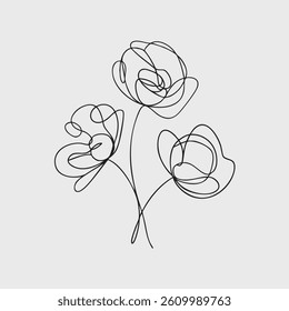 Vector line drawing of flowers. Black and white illustration. 