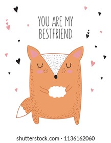 Vector line drawing fox with slogan about friend. Doodle illustration. Friendship day, Valentine's, anniversary, baby shower, birthday, children's party