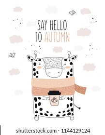 Vector line drawing giraffe in a scarf with slogan about autumn. Doodle illustration. Thanksgiving day, Valentine's, anniversary, baby shower, birthday, children's party, autumn holidays
