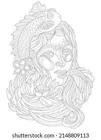 Vector line drawing girl flower crown flowy hair. Digital lineart image woman floral sea decoration hairstyle. Outline artwork design lady foliage adorned head.