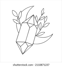 vector line drawing, graphic. mystical, esoteric composition. crystal moon and leaves. celestial 
