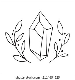 vector line drawing, graphic. mystical, magic esoteric composition. crystal and leaves. celestial 