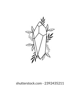 Vektorlinienzeichnung grafische mystische Magie mit Kristall- und botanischen Laub-Illustrationen 