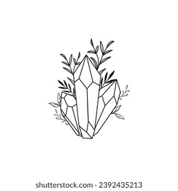 Vector line drawing graphic mystical magic with crystal and botanical leaves illustration 