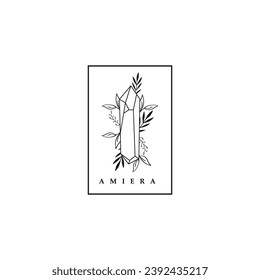 Dibujo de líneas vectoriales magia mística gráfica con ilustración de hojas botánicas y de cristal 
