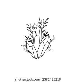 Dibujo de líneas vectoriales magia mística gráfica con ilustración de hojas botánicas y de cristal 