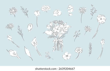 Vector line drawing of grass and trees. Simple line drawing illustration of plants and flowers. Illustration of plants.