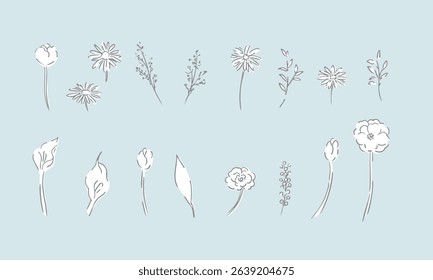 Vector line drawing of grass and trees. Simple line drawing illustration of plants and flowers. Illustration of plants.
