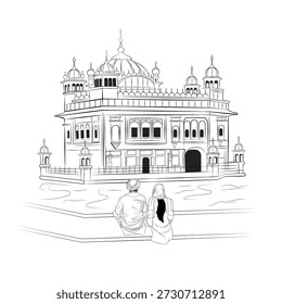 Um desenho de linha vetorial de edifício histórico, Uma ilustração do templo dourado, arquitetura antiga de Amritsar