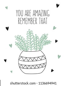 Vector line drawing house plant in pot with slogan about friend. Doodle illustration. Friendship day, Valentine's, anniversary, baby shower, birthday, children's party