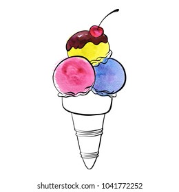 vector line drawing ice cream with chocolate glaze and cherry, hand drawn illustration