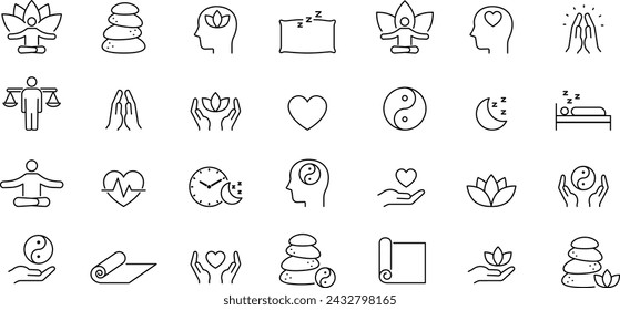 Vector Line Drawing Icon Set Related to Meditation and Mindfulness