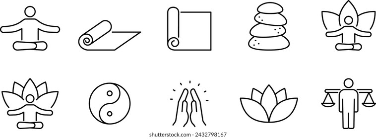 Conjunto de iconos de dibujo de línea de vectores relacionados con la meditación y la atención plena