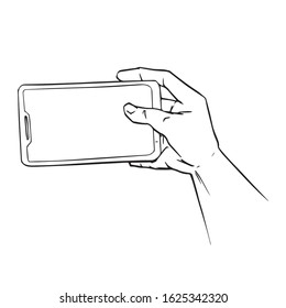 Vector line drawing illustration of hand holding smartphone, Phone in hand