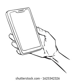 Vector line drawing illustration of hand holding smartphone, Phone in hand