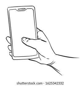 Vector line drawing illustration of hand holding smartphone, Phone in hand