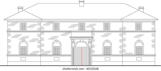 Vector  Line Drawing Illustration Of A Heritage Mansion Building Viewed From Front Elevation On White Background