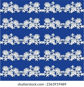 vector line drawing illustration leaves branches daisies and wildflowers embroidered blue background