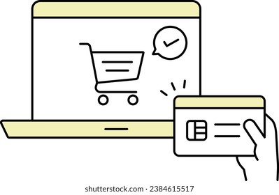 Vector Line Drawing Illustration of Online Shopping with a Card