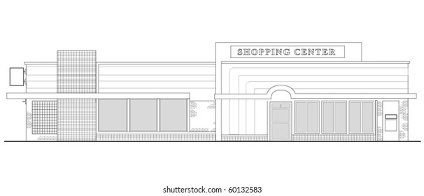 Vector  Line Drawing Illustration Of A Strip Mall Or Shopping Center Building Viewed From Front Elevation On White Background