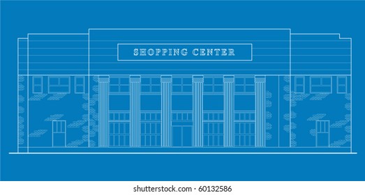 vector  line drawing illustration of a strip mall or shopping center building viewed from front elevation on white background