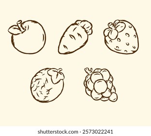Vector line drawing illustration vegetables and fruits flat icons set for groceries, agriculture stores, packaging and advertising
